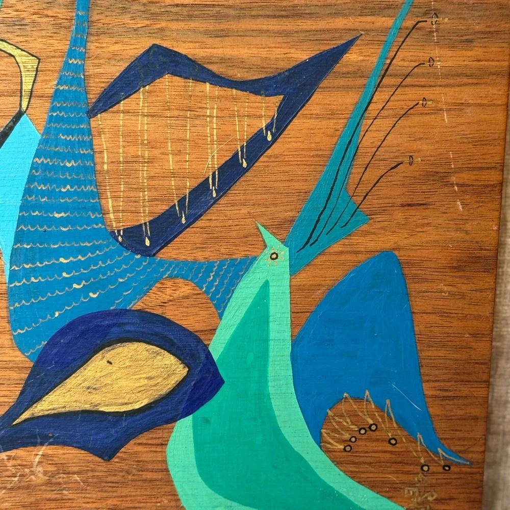 Vintage MCM Blue and Gold Abstract Wall Art Painted Birds on Wood